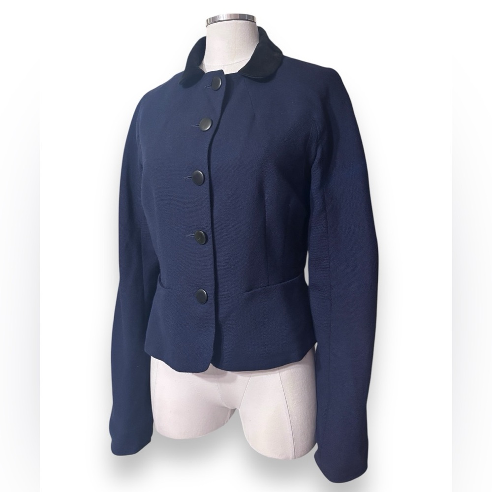 MARC JACOBS Navy Cropped Wool Blazer Peplum Velvet Rounded Velvet Collar VINTAGE